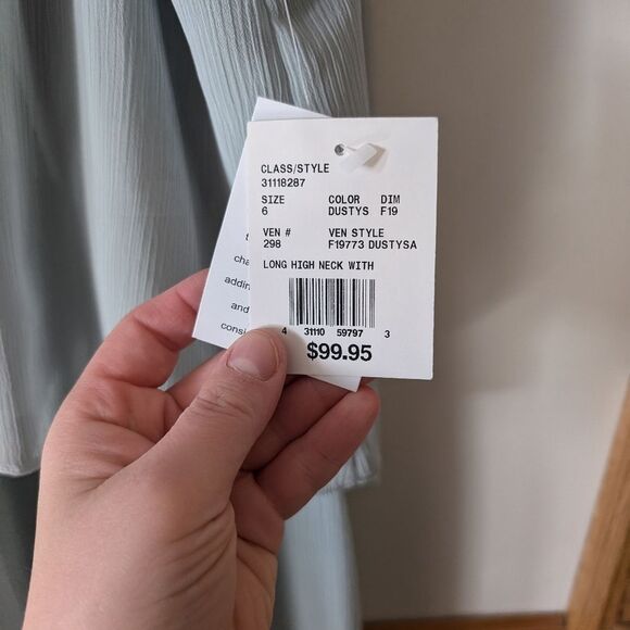 David's Bridal Flounced Chiffon Maxi Halter High Neck Dusty Sage Dress Size 6 - Picture 4 of 7